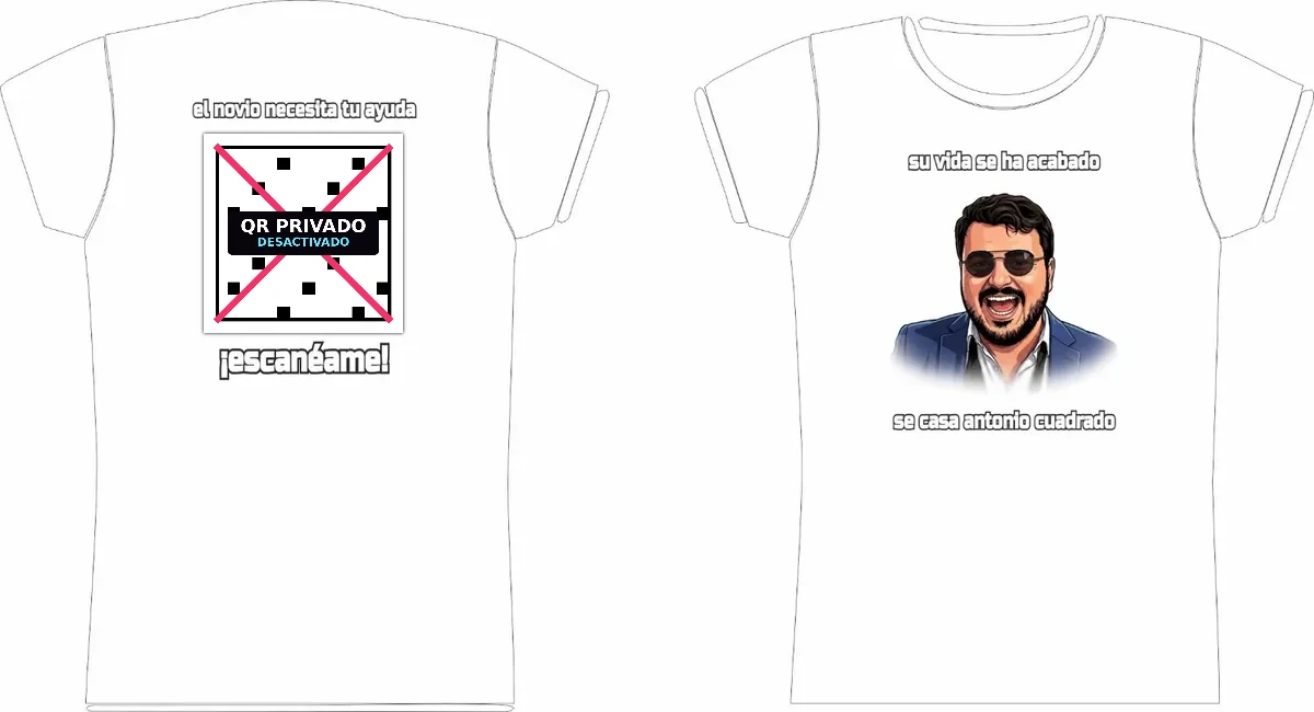 Diseño frontal y trasero de la camiseta de Antonverse con el QR original desactivado